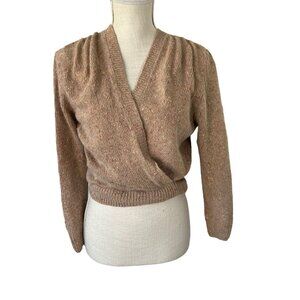 Vintage 90s Tan Speckled Silk Angora Blend Surplice Short Waist Long Sleeve Top
